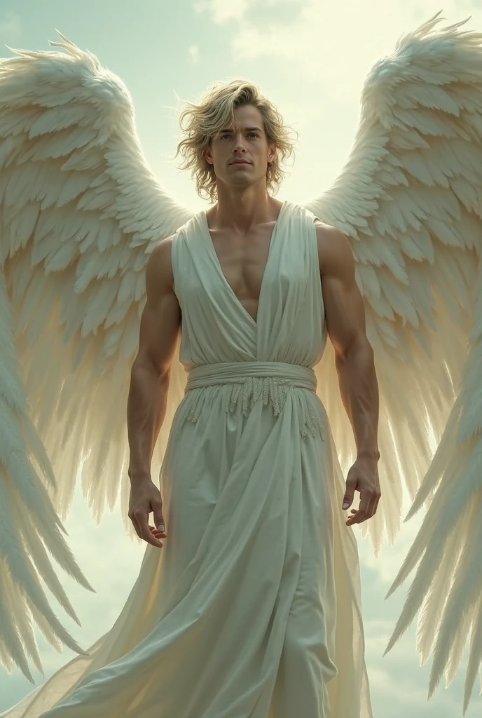 A gentle, white-winged male Asian feature albino angel (simple design) - Soft colors, with a subtle glow, white wavy 8" hair, white skin, light blue color eyes, most handsome masculine male angel, 11'0" tall, white and gold large wings, built-in shimmery gold armor on chest and arms, large muscular biceps, large thighs, chiseled ads, define jawline, pearl white lower garment, 32K UHD, masterpiece, best quality, style raw, walking through an enchanted garden of Eden. - Ethereal background, with a subtle texture, naked chest, lined with gold, Large white and Gold wings. the angel is a man, 