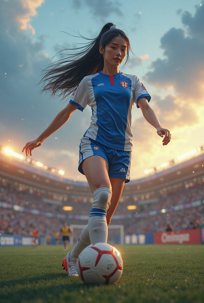 RAW image quality、8K picture quality、detailed CG images、(hight resolution, Best Quality, masutepiece:1.4), (1womanl :1.3), tall thin legs, Sparkly skin, narrow hips, Teeth on the skin, big breastes, (Woman in soccer shirt showing breasts:1.3), football shorts, Short shorts, Sweating Lots, (Above the football stadium:1.2), taut clothes, Angry look, Sprinting, Beautiful background,