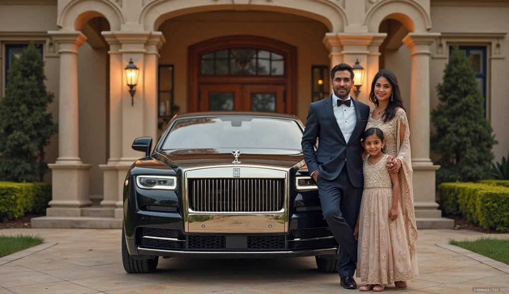 Couple at the Taj Mahal: A luxurious couple dressed in traditional and modern fusion attire poses in front of the Taj Mahal. They hold hands, each with a stack of dollar bills, and a Rolls-Royce Phantom is parked nearby, representing their global success.