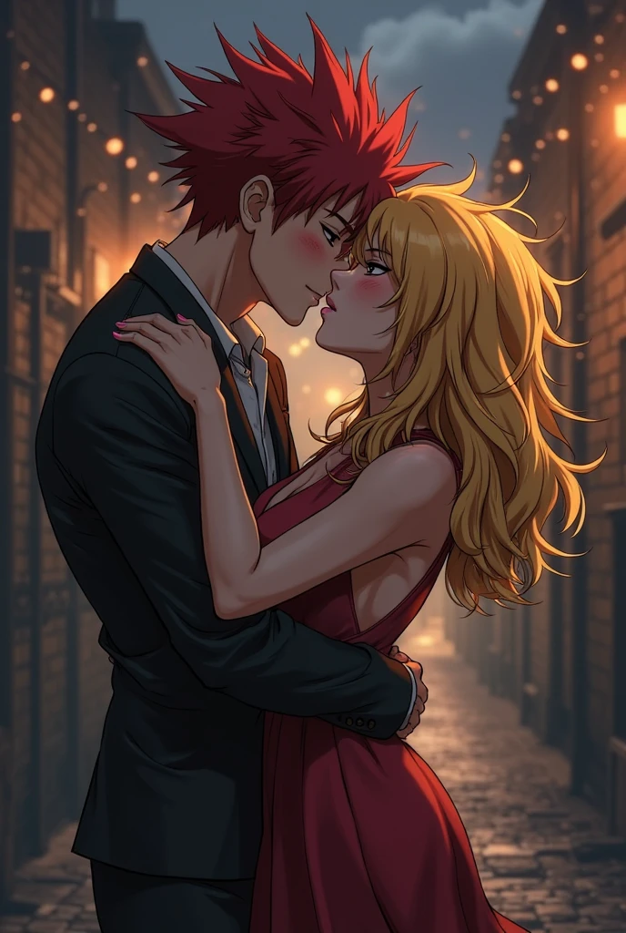 ((The greatest masterpiece, Ultimate quality, Extremely detailed, Movie Lighting, Perfect Sensibility)), Super beautiful illustrations, Extremely delicate and beautiful, 8K, 1 boy, Emiya Shirou\(destiny Stay Night\), Red hair, short hair, Yellow eyes, High, muscular, Handsome, 1 Girl, Artoria Pendragon\(destiny/overnight\), Blonde Hair, long hair, blue eyes, Large Breasts, Hourglass figure, anatomically perfect female body, spouse, Happy smile, Snuggle tightly, arms in arms, Love so much, Sweet atmosphere, of the night city, anatomically perfect, Delicate and beautiful face, Sensual lighting, Bold composition, The angle of provocation,