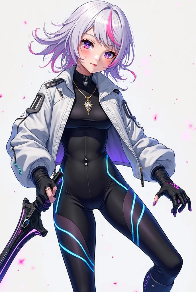 (((Best Quality))), (((Masterpiece))), (((Realistic))) slender, cute girl with short white hair and vibrant purple eyes. She wears only a tight black panties and sport bra with high-tech boots
