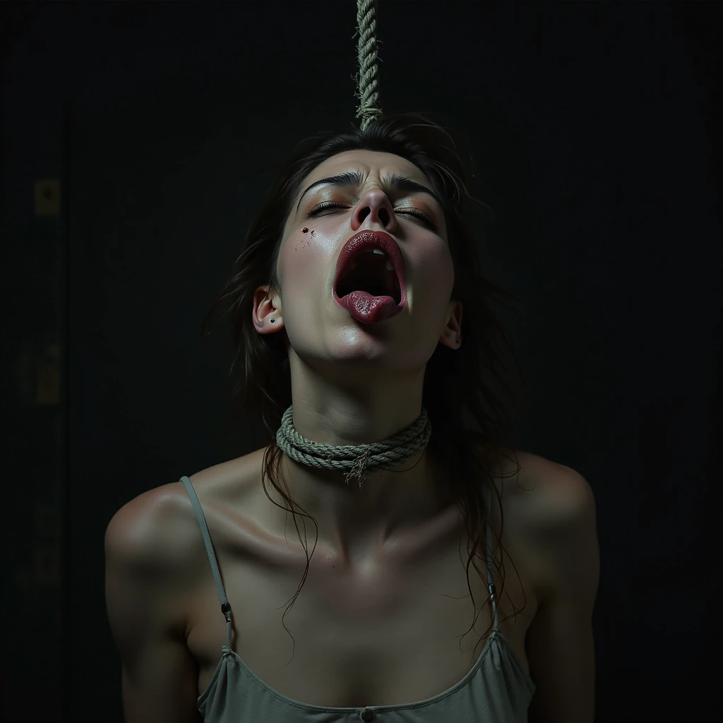 Busty, Lara croft hanged to death in the gallows , mouth agape, unconscious , rope on neck , death scene, painful expression , noose, wounded, rope necklace