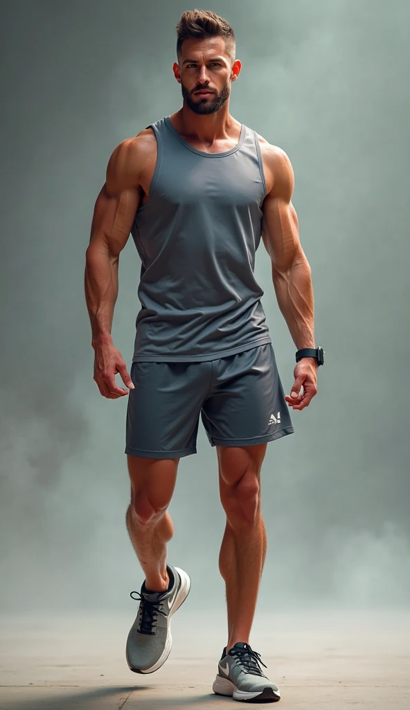 (Muscular and attractive young guy:1.2) in a sports strap and sneakers, Slimness and self-confidence, posing on the streets of the city, On a sizzling summer night, View from a low angle.