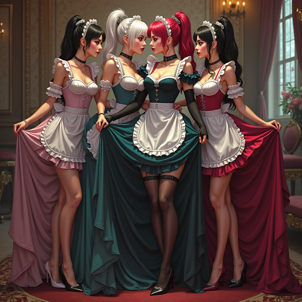 Green pearl choker, Satin green long gloves, lipsticks, Shorthair, satin, Green dress, bride, the kiss, a smile, tiarra