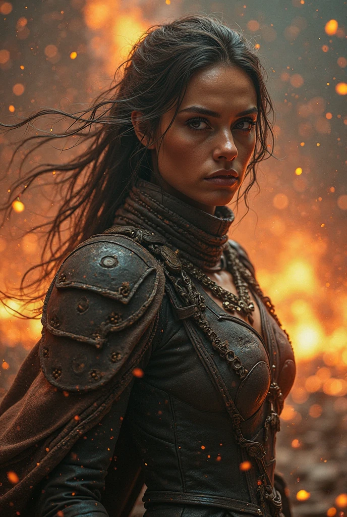 A fierce female warrior, detailed armor, battle-worn and determined expression, intense fire and smoke in the background, dramatic lighting, cinematic composition, muted color palette, gritty realism, digital art, detailed textures, dramatic atmosphere, powerful and dynamic pose, epic fantasy
