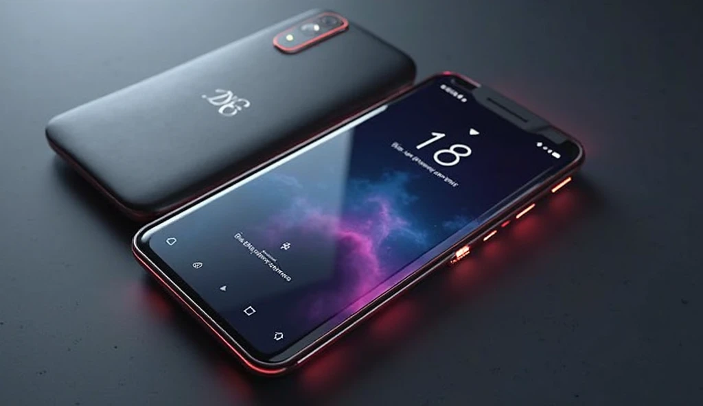 an ultra modern and technological smartphone, with the name of the TESLA brand written on the back of the device, it has a modern screen with vibrant colors, and infinite edges