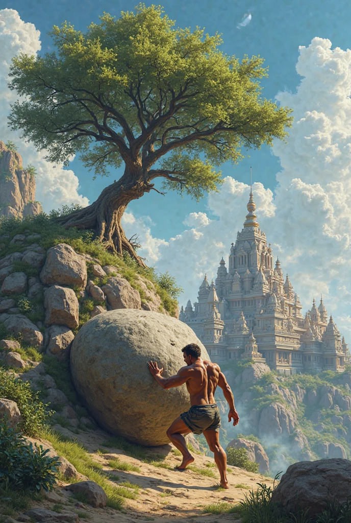 Slave chained to a large rock in the middle of the forest