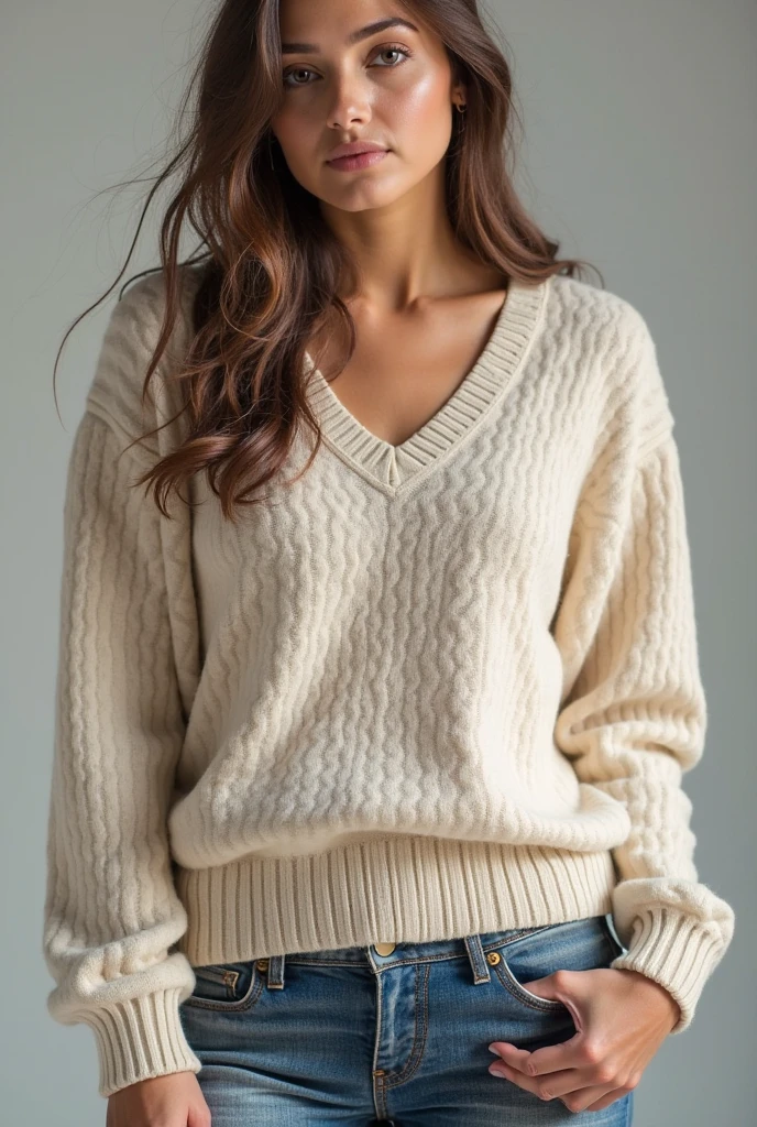 A 22 years old girl. Short wavy brown hair. 160 cm height. 50 kg weight. Perfect face, body and skin. Hourglass body. Medium breast. Wears knitwear and jeans. Masterpiece photograph.