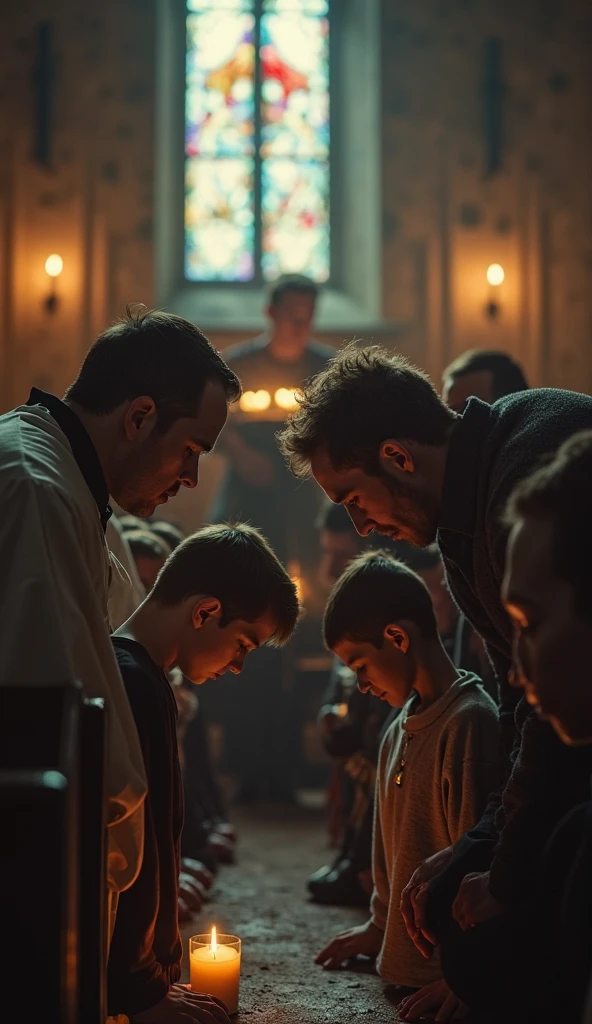 A dimly lit, somber 17th-century room with a baroque style. Young boys in religious attire are depicted in a poignant moment, sitting in quiet contemplation, their expressions reflecting the gravity of their fate. The atmosphere is heavy, with dark, rich tones and shadows.