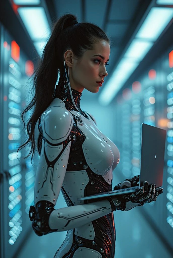 First person view, blonde sexy girl robot arms, big thighs, control panel between her chin and boobs, visible cleavage, full body, standing up, head down, wired connected from a laptop to the back of her head, sleeping, laboratory