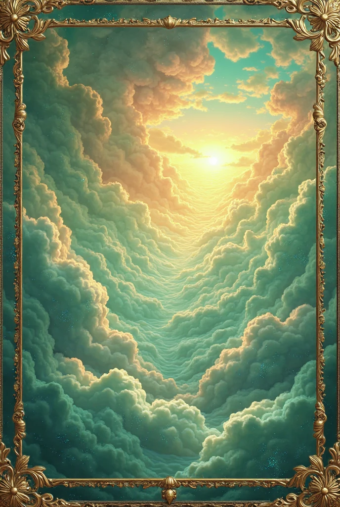 
 3D green and gold color cloudy background. gold frame around the image