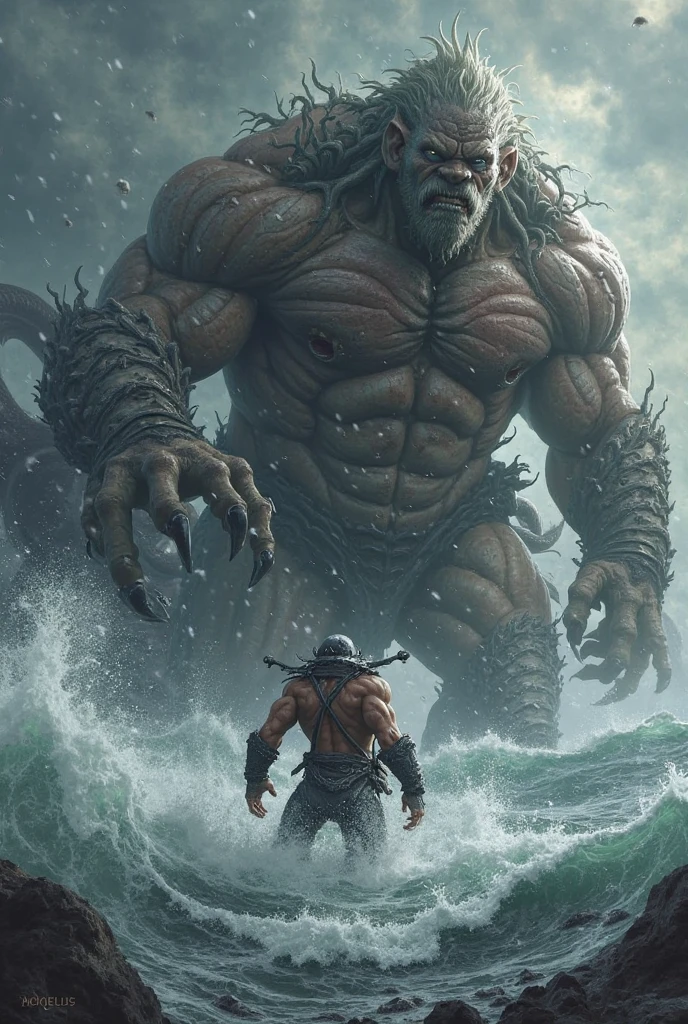 A titan emerges from the sea but fights another one on a rainy day.