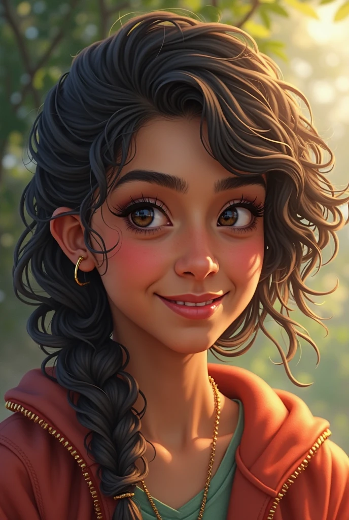 Crie a Charlotte, a 12 year old girl, genius in hand-to-hand combat, with curly hair, brunette skin, dark brown skin, freckles, brown heterochromia, perfect smile and dimples in his chin, besides a turned-up nose, and slanted eyes, one light brown eye and one dark brown eye, Grinning, Dimples on the chin, Closer look while smiling Fantasy book style