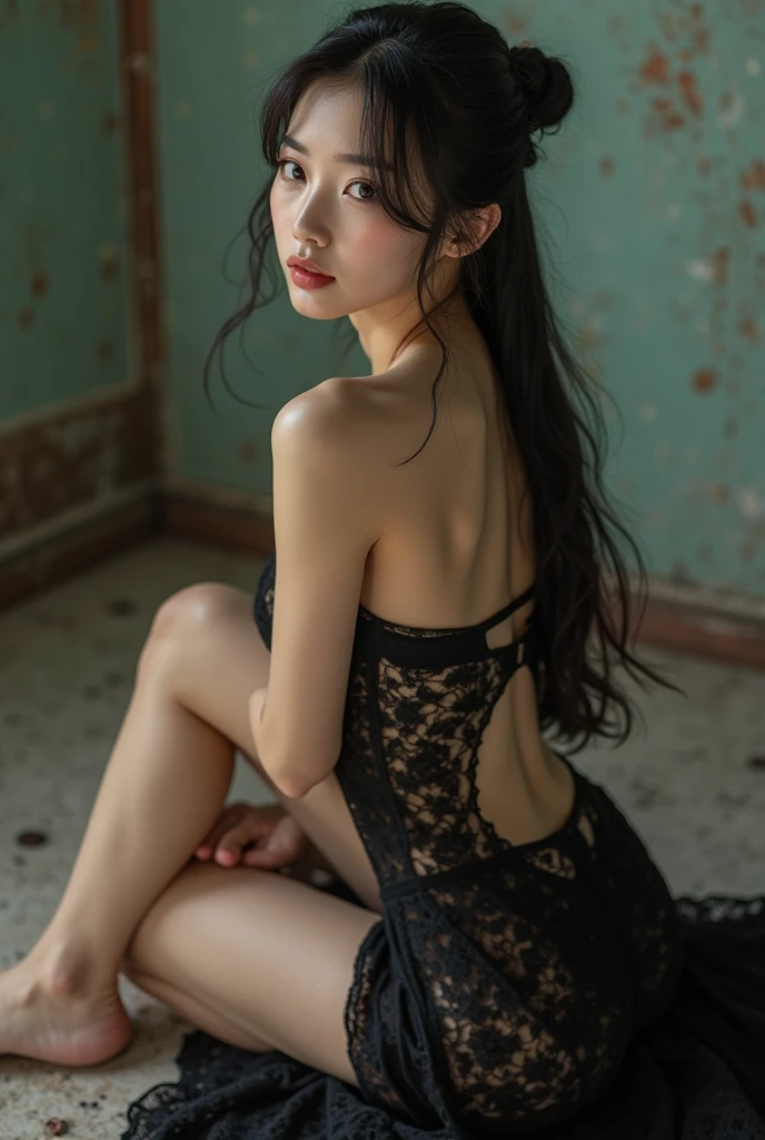 (Highest quality:1.4),(masterpiece:1.4),(Realistic:1.4),(Realistic:1.2),(超High resolution, RAW Photos:1.4),(High resolution, Very detailed:1.2),(8k:1.2),photograph,(Shot from behind:1.3)、Korean women、brown hair photos,One Woman,alone,(In underwear),Very large breasts,((Thigh to head shot:1.3))、(((topless、You can see her large breasts from the side.)))、((Toothy smile))、((Very large breasts:1.4))、Realistic skin textures、Slightly freckled、Slender figure、Realistic skin textures、((background,Concrete wall:1.3)),(topless,The breast is visible from the side:1.6),(Long lace slip,White)、3 woman、The angle at which the nipple is not visible、((Updo long hairstyle))、((Black,Long lace slip:1.4))、Correct toes、Detailed facial features、Kneeling pose on the floor、Hands on the floor、Long slip covers the buttocks and soles of the feet、Long slip covers your butt、Chin up、