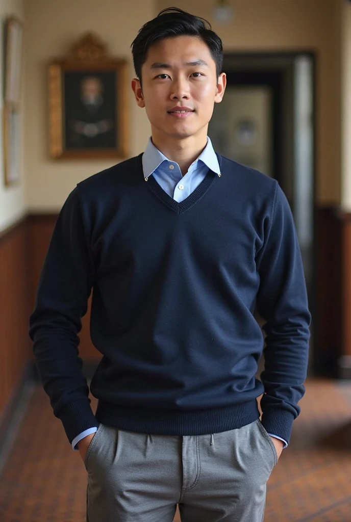 Can you show an asian man in his late twenties, five foot one, a great leader, Average ENTJ