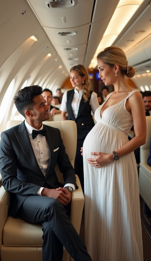 Anushka Shetty navy blue saree pregnant with husband kiss her baby inside private jet