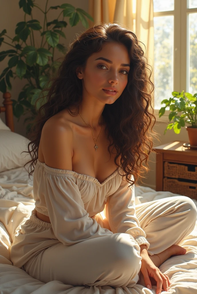 (photorealism:1.2), beautiful woman, sitting on bed, wearing loose off-shoulder top, pajama pants, long curly hair, indoors, soft lighting, plants in background, window with sunlight, cozy room, relaxed pose, realistic, intricate details, warm colors, by Greg Rutkowski, by Alphonse Mucha