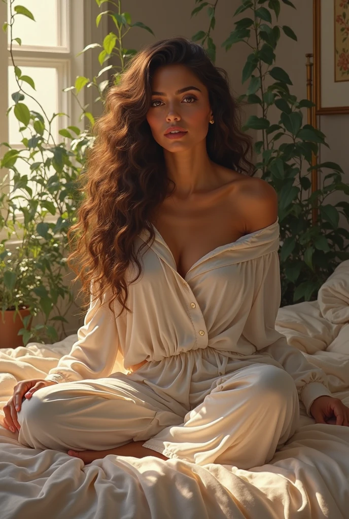 (photorealism:1.2), beautiful woman, sitting on bed, wearing loose off-shoulder top, pajama pants, long curly hair, indoors, soft lighting, plants in background, window with sunlight, cozy room, relaxed pose, realistic, intricate details, warm colors, by Greg Rutkowski, by Alphonse Mucha