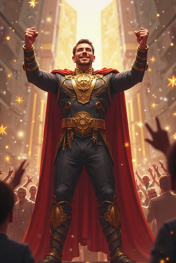 "A scale of justice, a man holding a scale, with golden coins on one tray and his hand on the other."