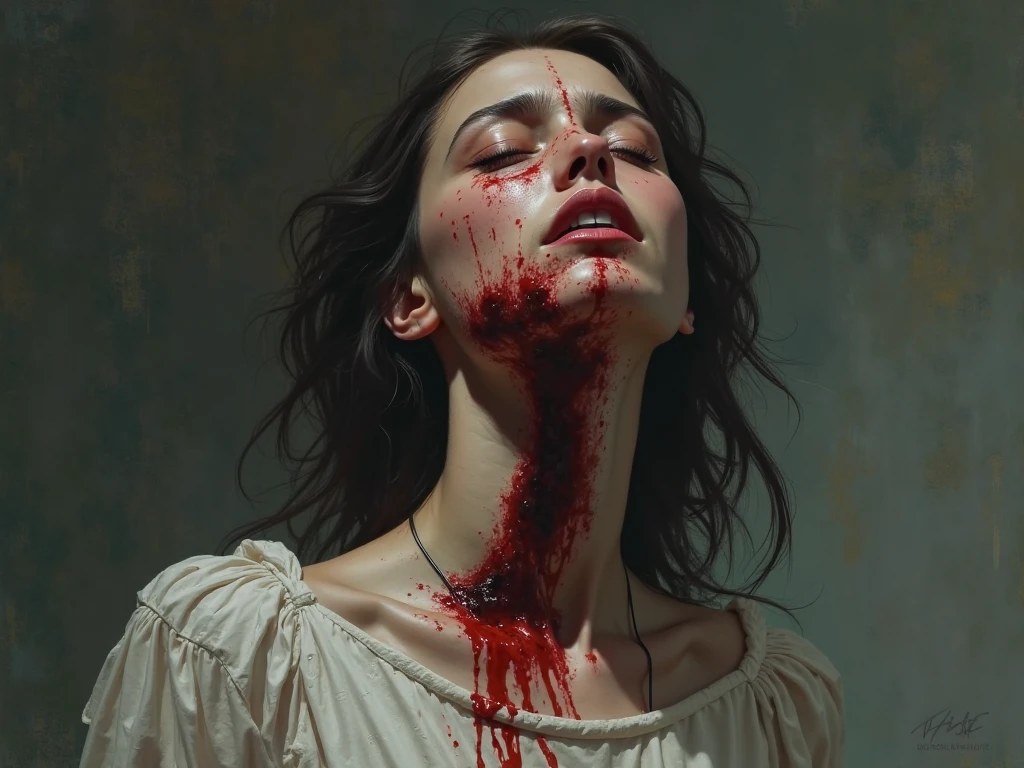 A girl her head is in her hand and blood are flooded in her neck and blood are in her hand 