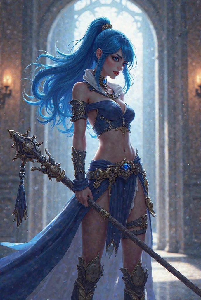 Intricately detailed, a beautiful woman sitting lotus style in meditation, blue_hair, blue_tatoo, violet_eyes, purple leather armor, ruins, sitting on a fallen pillar, (highly detailed:1.2), HD,HDR, 8k resolution, ultra detailed