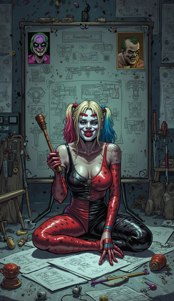 Batman foe Harley Quinn has just finished beating someone to death with a ball bat, blood spatter on her face, set in a bank, close up on her face