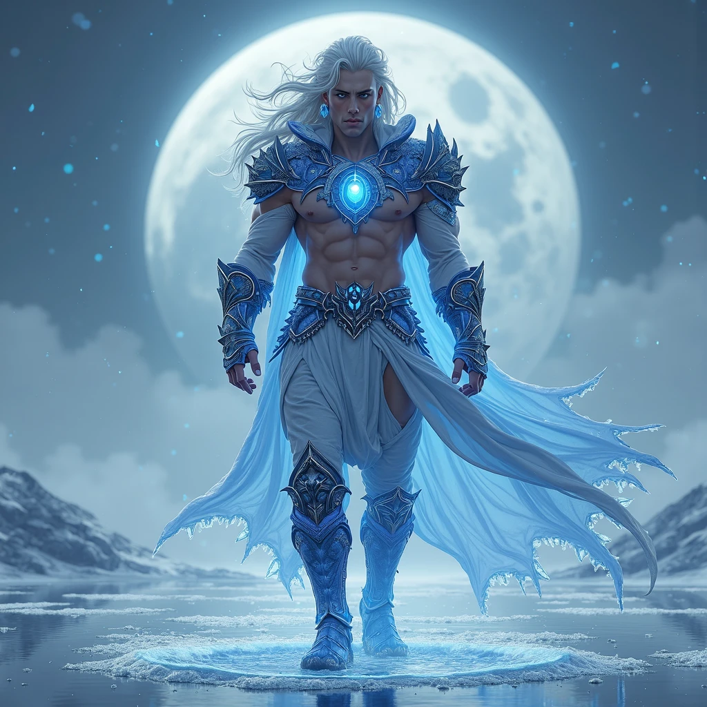 a young man in his twenties, he is from fantasy world , he is king in ice kingdom, he has beautiful stunnig icy blue big eyes, he has long straight white as snow hair, his face is strong and his facial features are strong he doesnt have hair on his face, he is the most beautiful ice king that ever existed, he is very masculine, he is tall and very very strong, he is just fantastical, his body and musels are work of art, show him in full
