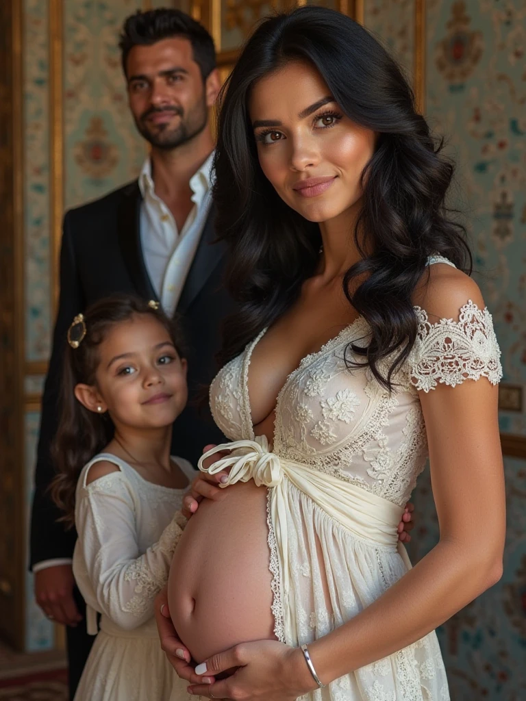 Family picture of Mattheo Riddle (looks exactly like Benjamin Wandsworth), his wife (long brown curled hair, green eyes, beautiful lashes, pregnant, beautiful wedding and engagement ring) and two daughters 3 years and 6 years ( each one also dark curls, green brown eyes) the picture please very realistic as if really taken