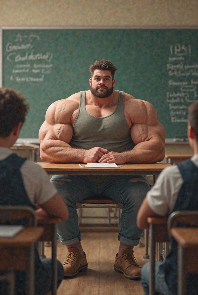 A group of male high school students with bleached blonde hair standing in a classroom staring blankly with open mouth and slumped shoulders as their muscles grow bigger and begin to tear out of their tight shirts, becoming just another group of stereotypical dumb bodybuilder jock bros in the community as they flex to each other and say, "Give in to the swelling tides. The dumb jock grows. The old nerd dies." in dull mindless voices. A less muscular student watches in horror, even as he starts to flex with them. Hyper muscles. Big biceps. Big triceps. Big traps. Broad shoulders. Massive pecs. Strong abs. Broken Tank top strap. Bulging crotch. Hyper bulge. Bro. Brain to brawn. Brute. Assimilation. Hypnosis. Brainwashing. Dumber and dumber. IQ drain. Compression gear.