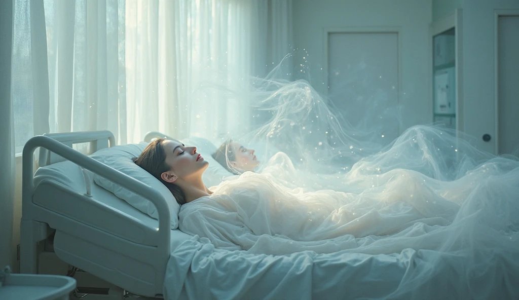 there is a woman laying on a bed with a pillow, astral projection, quality astral projection rendering, paralisia do sono, holograma pairando em torno dela, lucid dreaming, Viagem Astral, monstro da paralisia do sono, out of body experience, Awakening started lucid dreaming, sleep paralysis demon, Morte sonhando com a morte, fantasma flutuante, my sleep paralysis demon, ' lost in a lucid dream