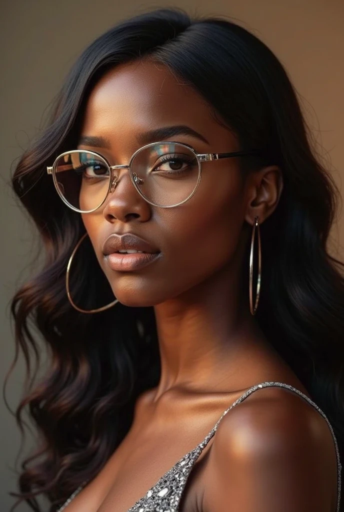 dynamic close-up of the upper part of 1 French woman, black, extremely slim and beautiful, perfect body, (well-shaped and delicate face with (piercing gaze)), black skin with highly detailed depth, she is leaning against a brick wall, ( long hair, slightly messy and shiny wavy brown hair, hair over the eyes), (detailed, large, bright eyes, light brown eyes, curled eyelashes, large glasses), (sensual pouting with mouth), wearing a short sweater showing shoulders, (she is shining with sweat), ultra realistic image, Perfect Symmetry, vibrant and sharp, dynamic vision, high quality, hyper-realistic and cinematic 32k.