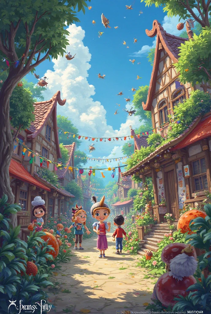 Against the background of a bright and cheerful scene of a children's game, we see a group of children having fun in various professions. They smile and enjoy the adventure by immersing themselves in role-playing and creative activities.