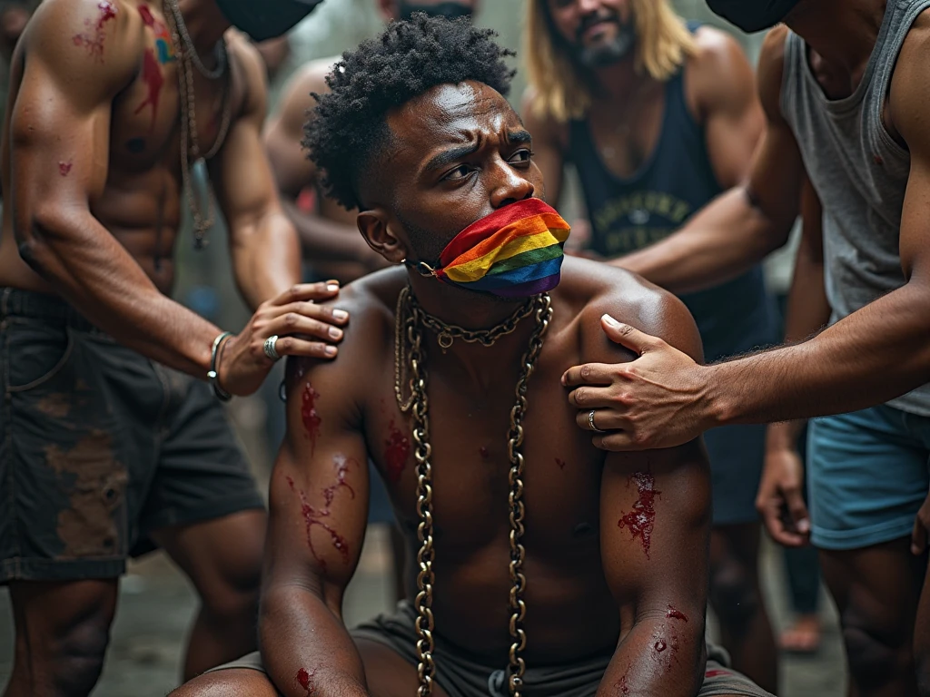 (masterpiece, 8k, highest quality, ultra detailed:1.37), (Nyla), 35 years old, (African man), (cosplaying as a slave from the last century: 1.4), very sad and scared, (crying: 1.3), bare chested, candid photography, classy look, detailed skin texture, Photorealistic, mind blowing