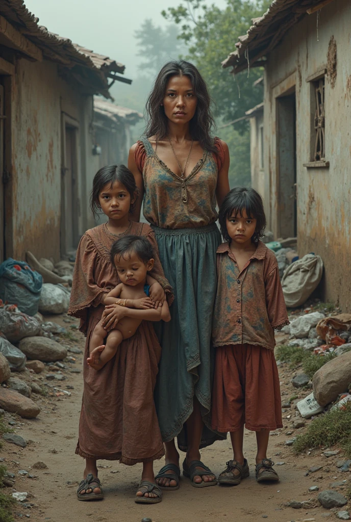 A homeless poor beautiful big breast women with children 
