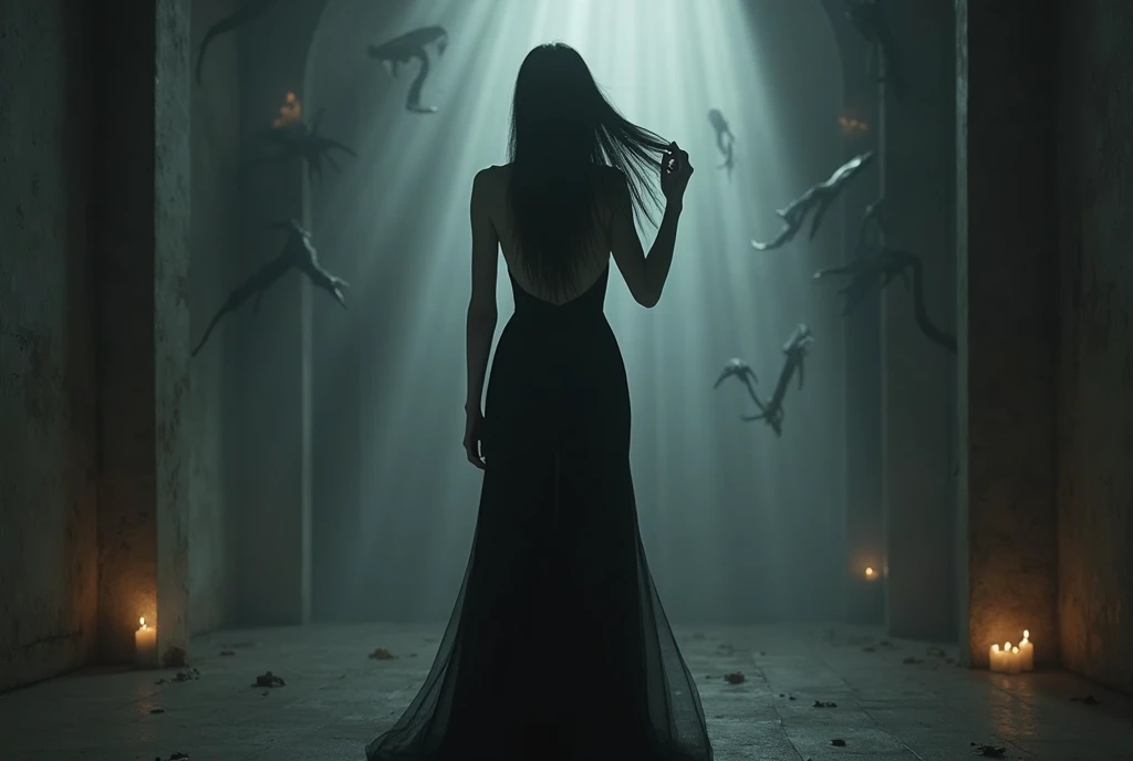 editorial photography,super detailed background,Super realistic,double exposure,depth of field,beauty super slender skinny vibes,soft focus darkness tone,narrative scene,open lips,gothic style,at the cathedral,immoral,blasphemous,Under the gaze,God,the Virgin Mary,the angels,A monster comes out from inside the cracked body,squatting with wide spread legs,A wet big worm writhes on the floor,bondage,BDSM,NSFW,