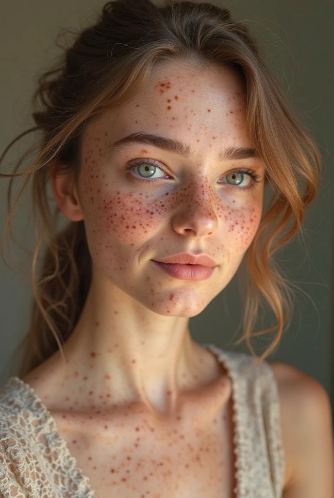 (a woman, white, beautiful, pretty face, symmetrical face, brown eyes, freckles on her face, medium hair, redhead, Shaggy style hair, Shaggy hair, smiling, beautiful smile) (positioned forward, looking forward, looking at the camera, face forward) (front lighting, natural lighting, daylight, vibrant colors, saturated, vivid colors) (perfect smile, smiling) (home setting, blurred background, beautiful background) (realistic style, realistic photo, professional photo , flat angle, focus on face, face photo, face only, photography) (8k image, full hd, 8k resolution, best resolution, work of art, perfect image)
