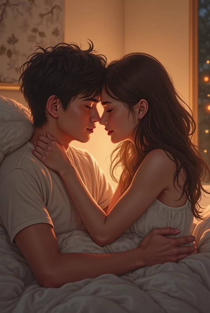 At night, the husband and wife snuggle up to each other on the big bed,Happy chatting about the sky,The picture is warm。
