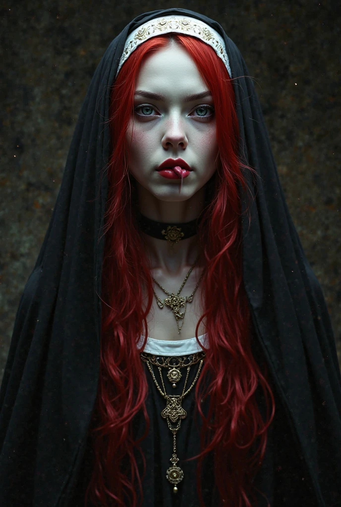 High detail RAW color art, animation, cartoon, (((ultradetaled elegant, beautiful face))), (crucifixion), white skin, (((Red Cross syster praying))), goth makeup, barely legal, sexy pose, (((breast and pussy exposed))), wearing black and whit latex catholic robe, magical atmosphere, ((long red curly hair)), (focus on face), (((gothic cathedral on background))), (detailed skin, skin texture), (intricately detailed, fine details, hyperdetailed), raytracing, subsurface scattering, diffused soft lighting, shallow depth of field, by (Oliver Wetter), by Leonardo da Vinci, photographed on a Canon EOS R5, 28mm lens, F/2.8, sharp focus bokeh