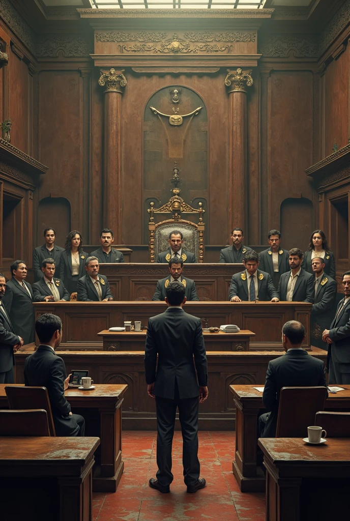 The local court was full of inhabitants, the (((judge in his black suit))), the detective (((Robert Lyncon))) in his beige suit, (((lawyer the defendant))) in his gray suit , (sitting on the chair) of the defendant facing the judge and the detective next to him.