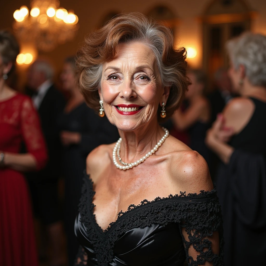 Beautiful woman with soft features in her 60s, wearing evening dress with expensive jewelry posing sitting at a table in a fine and expensive restaurant, (8k, CRU photo, best qualityer, high detail,)