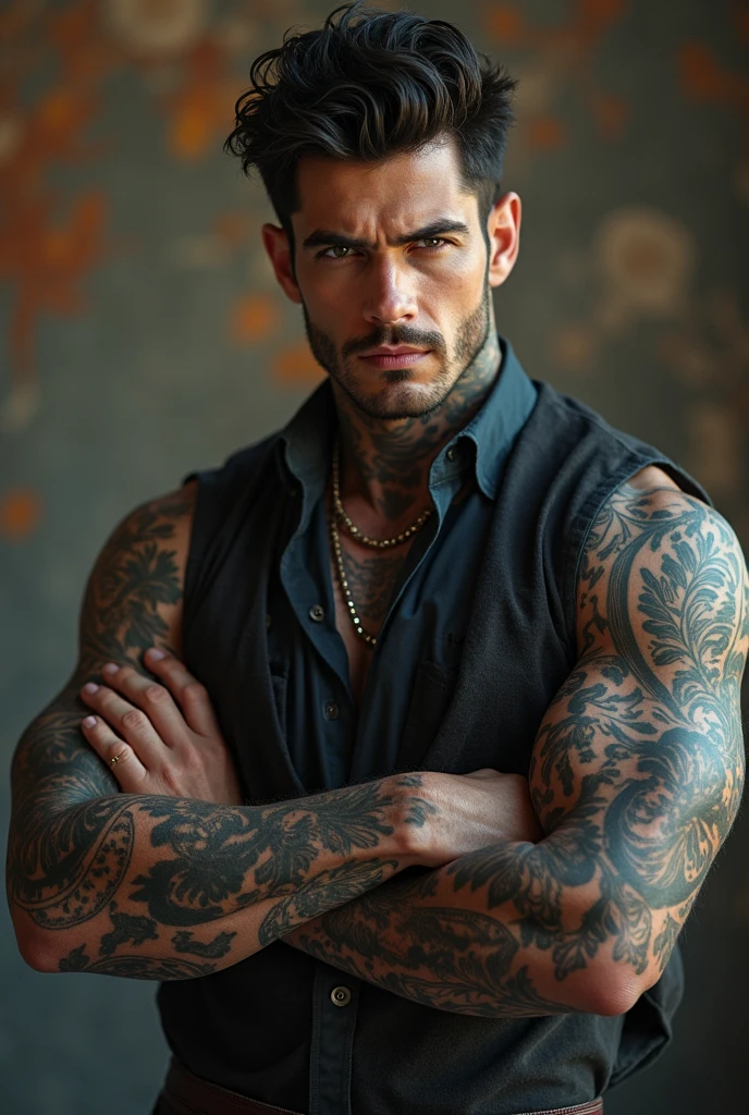 Make a cover image for a video with the title "My best friend's brother"with a man in the background VERY REALISTIC and dark,tattooed and very handsome white man with straight black hair and strong arms and young