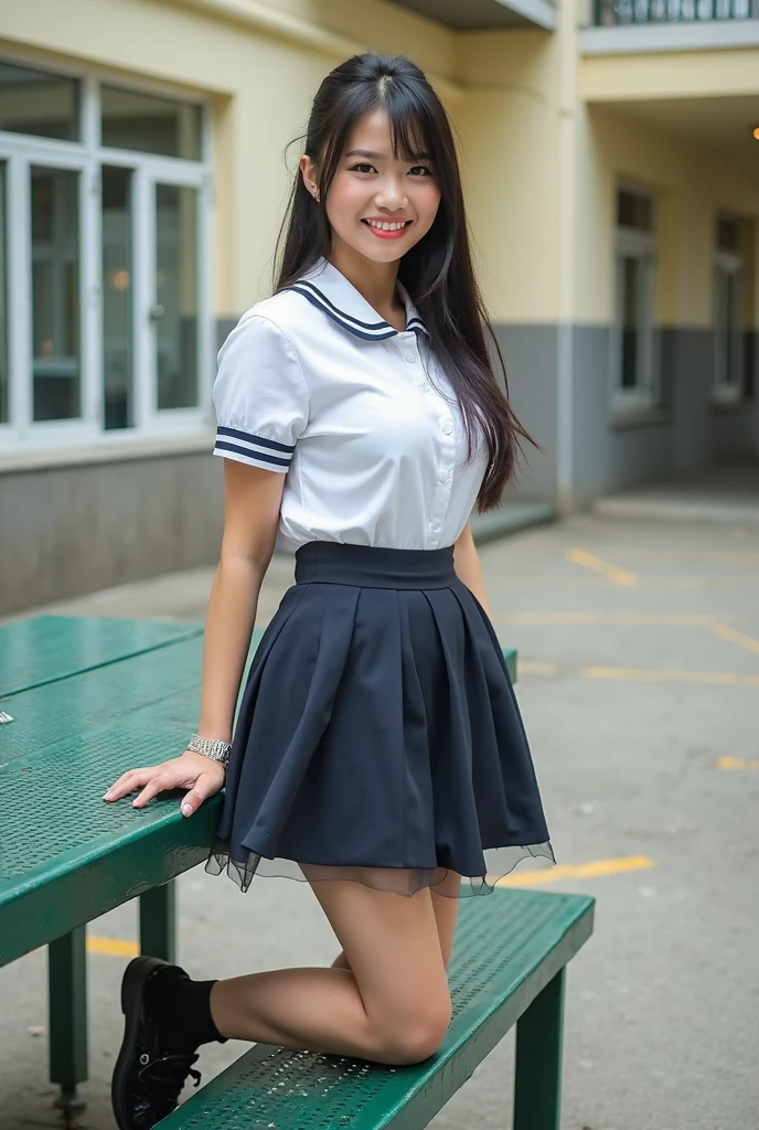 Neat female college student, , (school uniform, summer clothes), outside the playground, (slim), realistic, detailed, skin texture, super detailed, delicate and sexy clavicle, smile, super detaileded face, detaileded lips, detaileded eyes, double eyelid, small breasts, small breasts, small, small, flat chest、bellybutton、I can see your panties、thighs、thighsが見えてます、butt、かわいいbutt、open your legs、両open your legs、I can see my underwear.、(NSFW:1.3)、I'm raising one leg、perspective from below、(sexy underwear:1.2)、pleasant face、face of pleasure、happy face、, embarrassing、open your mouth、sexy pose、sexual pose
