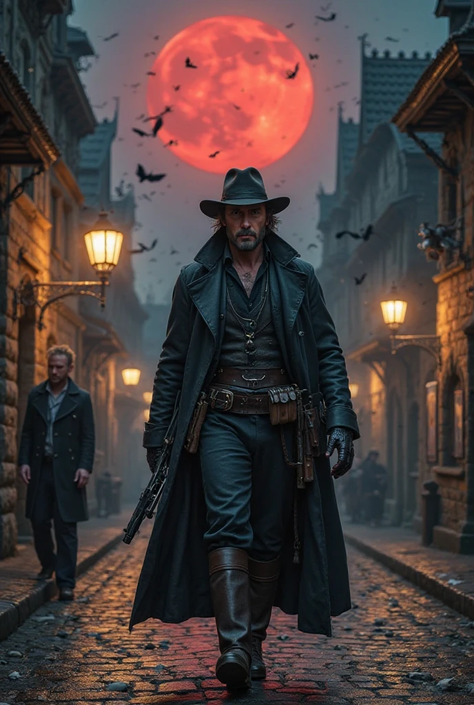 "Hyper-realistic 8K cinematic image of Van Helsing, full-length, in a style inspired by [specify version if desired, e.g. the film with Hugh Jackman]. It's nighttime in an old European village with Gothic or Victorian architecture, cobblestone streets, and gas lamps that emit a dim, yellowish light. A large, intense, blood-red moon hangs on the horizon, bathing the scene in a reddish glow and creating long, deep shadows. Van Helsing is in a dynamic pose [choose one: walking purposefully, pointing a gun, crouching ready to pounce, or standing looking over his shoulder]. He is wearing a long, dark-colored leather or heavy fabric coat (black, brown, or gray), a wide-brimmed hat (optional), tall leather boots, a vest or button-up shirt, leather gloves, and a belt with a large buckle from which hang gun holsters, pouches, and flasks. He is armed with [choose: a crossbow with silver arrows, [Old Pistols, stakes, knives, a crucifix, holy water flasks. His facial expression is serious, determined, with a frown and an intense gaze; he may have slight scars. A low fog creeps through the streets. There may be bats flying in the sky, a gargoyle watches from a building, a gothic horse-drawn carriage passes in the distance, or old posters adorn the walls. Dark colors predominate (black, gray, brown), with touches of deep red (moon) and pale yellow (lamps). The contrast is sharp. Van Helsing is the focal point, the moon is visible but not dominant, and the overall composition conveys tension and mystery.