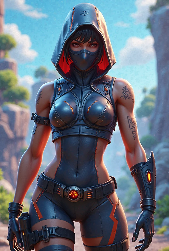 (( ultra-resolution image )), (( HDR PLUS )) , (( ultra-realistic modeling )), high-resolution , ((8k )), tall female, 37 years old, athletic body , physique ( Noob Saibot Mortal Kombat ), cyberpunk outfit, full breasts , sweaty , desert ruins.