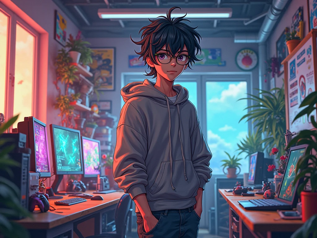 1 MALE WITH PERFECTLY ROUND GLASSES, BROWN SKIN TONE, SKINNY BODY, SOUTH ASIAN, BLACK HAIR, WOLFCUT HAIR, 25CM HAIR, BANGS, HAIR DOWN, HAIR COVERING FOREHEAD, BLACK SHIRT, GAMER, LONG SLEEVE