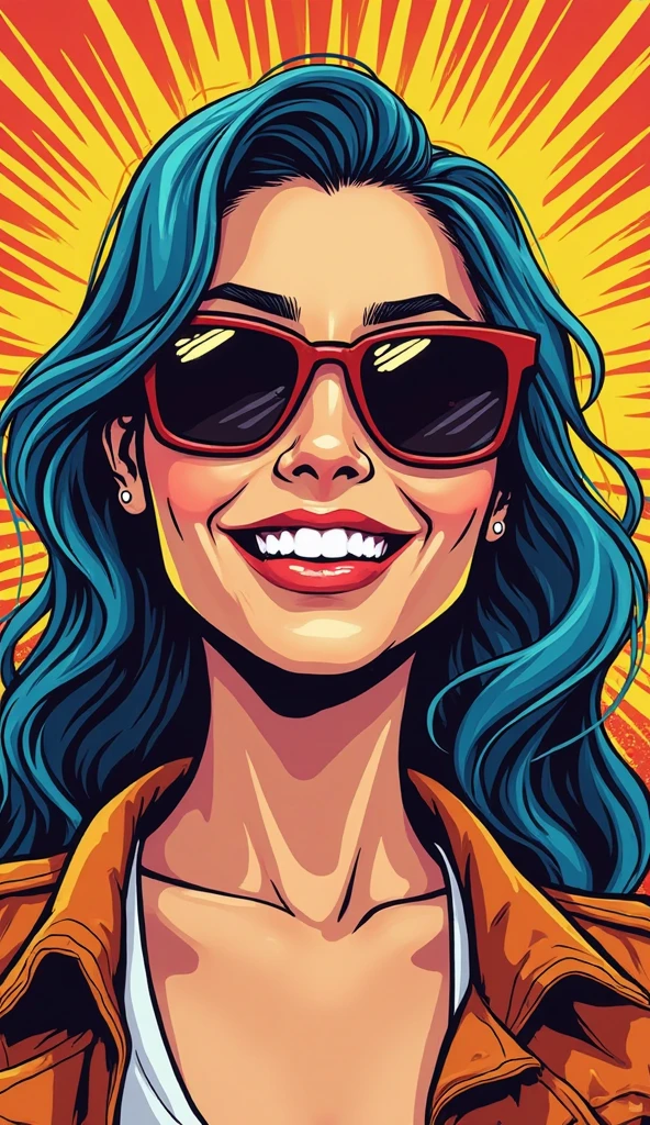 A comic book style illustration of an adult American woman, Happy with sunglasses.