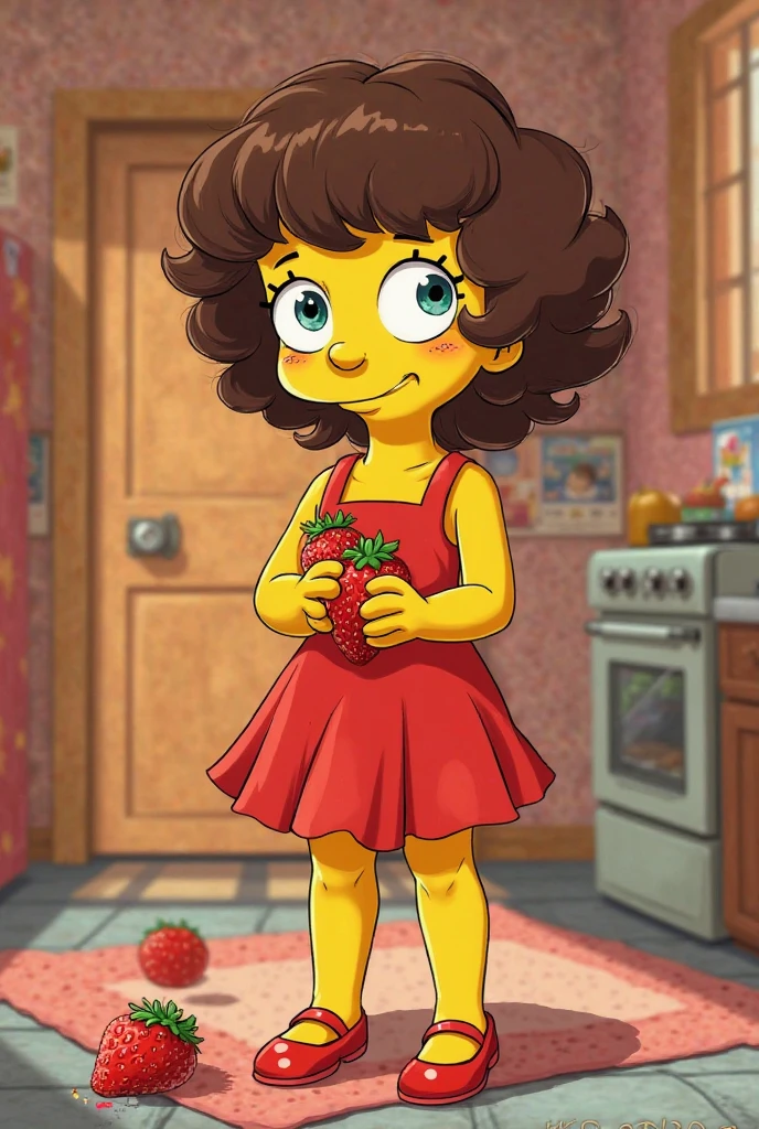 A character from The Simpsons girl, with curly hair fair skin, Do you like strawberries,red dresses and red shoes