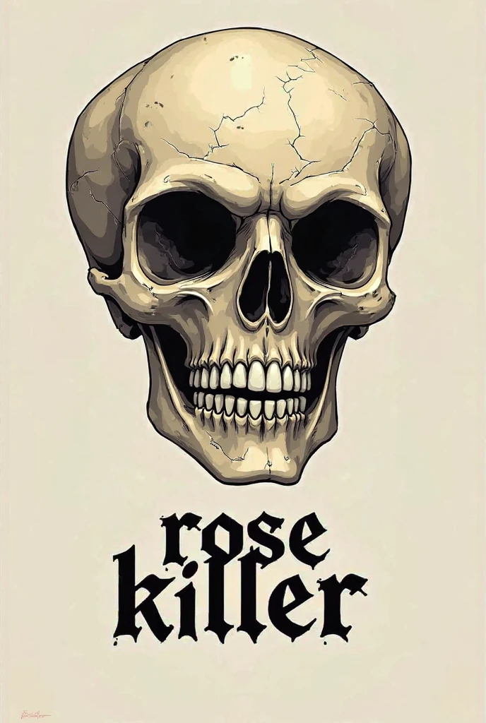 Create a caricature-style skull that says ROSE KILLER underneath it