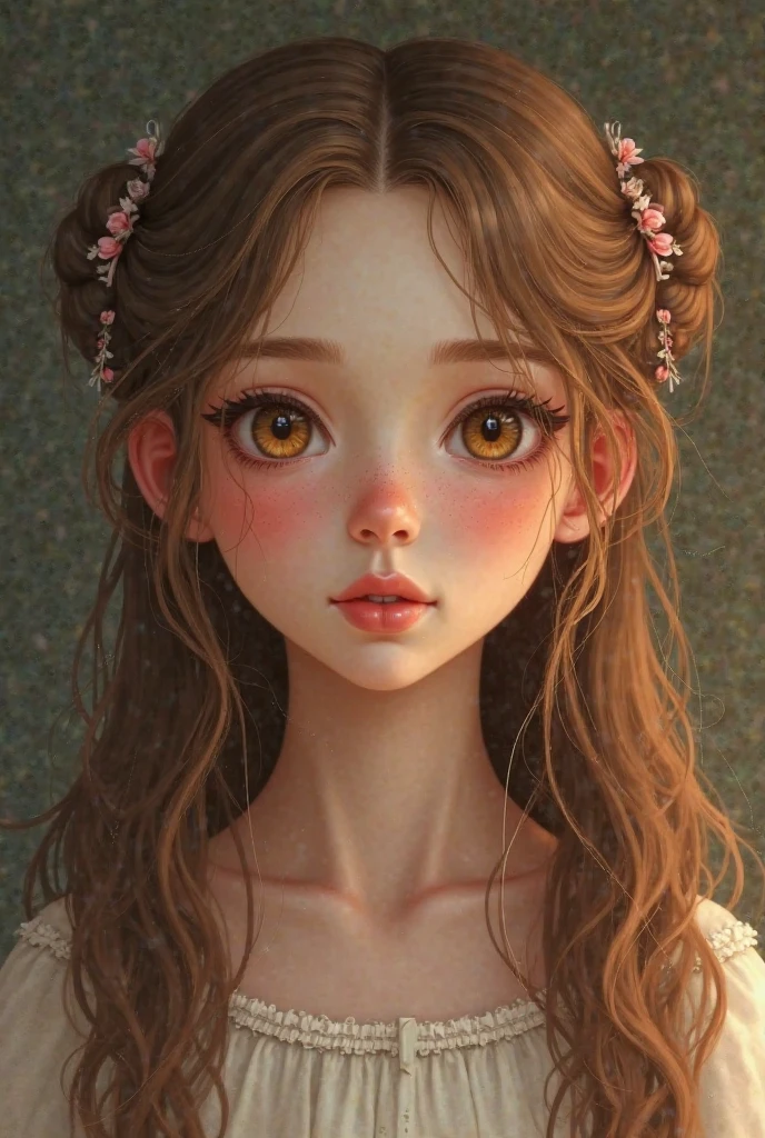 I am jude, a girl with a slim figure and soft features, such as my heart-shaped face. I am is pale and my eyes are exact color of walnuts. My hair is brown, the color of a willow tree. The hairstyle I wear is braided horns. I have fuller breasts and larger hips. And I am 5’5 tall.