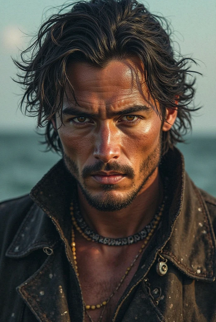 Create a realistic photograph of a tall man, stark, western, lightBrown hair, jaw-length hair, slightly slanted eyes, bushy eyebrows, lightbrown eyes, thick lips, with hairy chest. This man is 26 years old, is on the beach without a shirt.